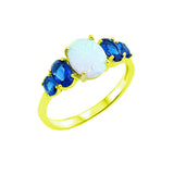 Fashion Ring Oval Lab Created White Opal Simulated Blue Sapphire 925 Sterling Silver