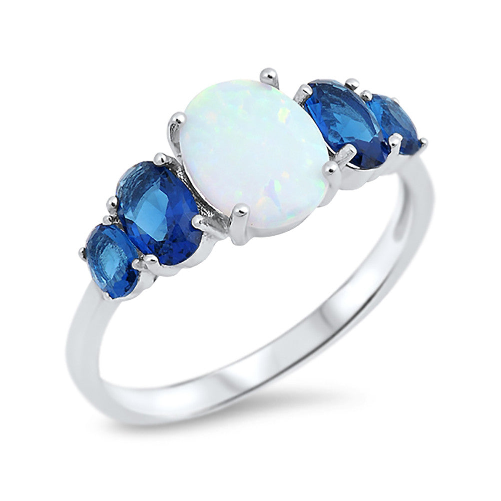 Fashion Ring Oval Lab Created White Opal Simulated Blue Sapphire 925 Sterling Silver - Blue Apple Jewelry