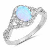 Halo Infinity Twist Shank Engagement Ring Oval Created Opal Round CZ 925 Sterling Silver