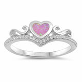 Filigree Swirl Heart Crown Chevron V Ring Created Opal Round Cubic Zirconia 925 Sterling Silver Choose Color