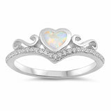 Filigree Swirl Heart Crown Chevron V Ring Created Opal Round Cubic Zirconia 925 Sterling Silver Choose Color