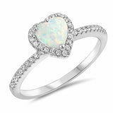 Halo Heart Ring Round Cubic Zirconia Created Opal 925 Sterling Silver Choose Color