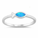 Religious Christian Fish Ring Created Opal 925 Sterling Silver Choose Color