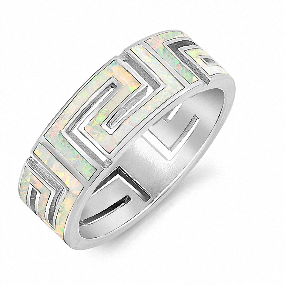 7mm Greek Key Band Ring 925 Sterling Silver Created Opal