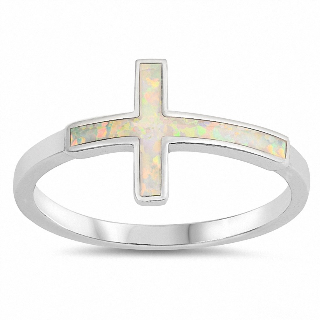 Sideways Cross Ring Lab Created Opal 925 Sterling Silver