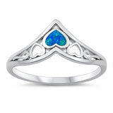 Chevron Midi V Ring Heart Created Opal Solid 925 Sterling Silver