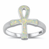 Ankh Ring Lab Created White Opal Solid 925 Sterling Silver (18mm)