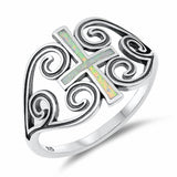 Filigree Swirl Cross Ring Lab Created Opal 925 Sterling Silver