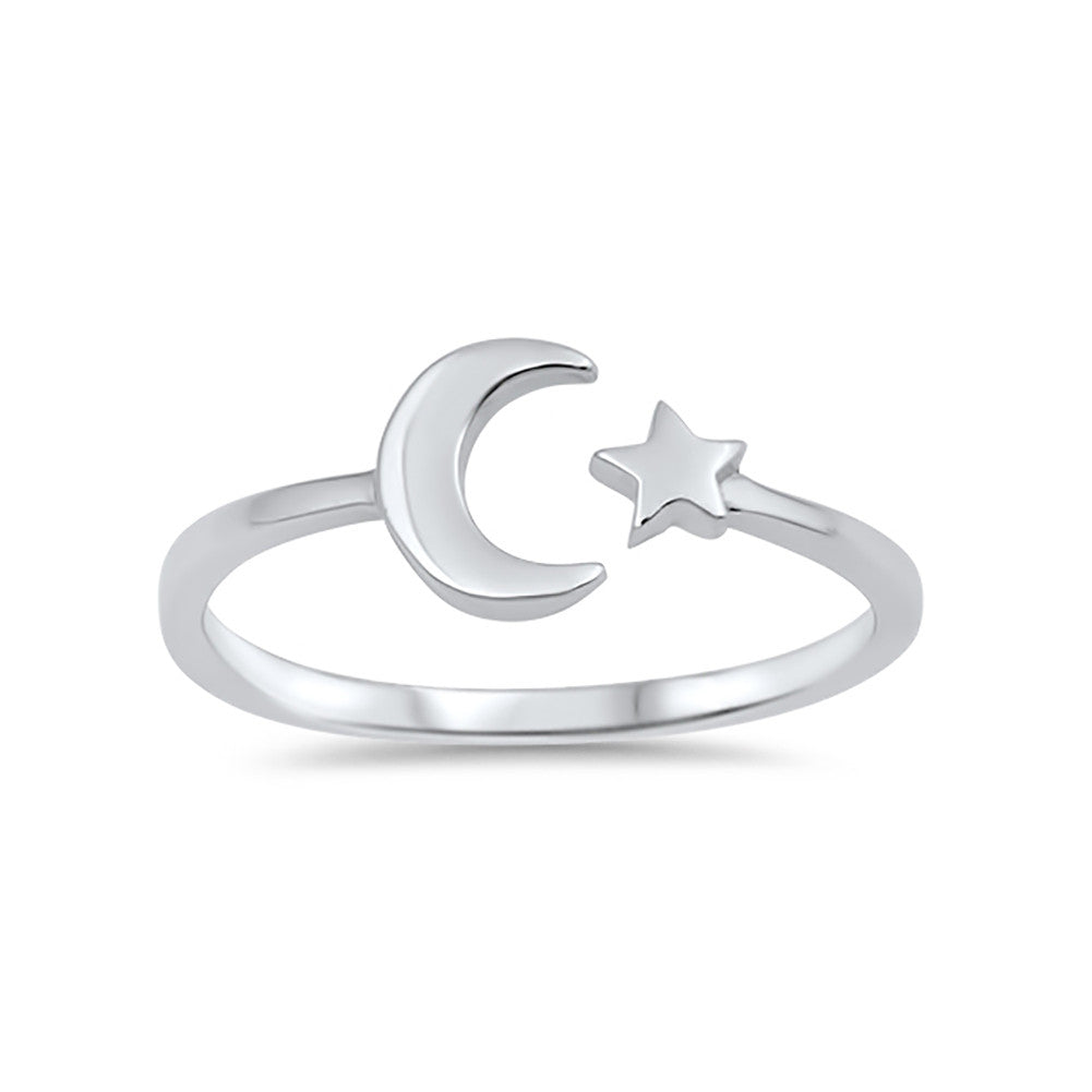 Moon Star Band Ring Rose Gold Rhodium Plated 925 Sterling Silver - Blue Apple Jewelry