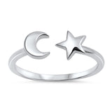 Moon Star Cuff Ring Band 925 Sterling Silver Star Moon Simple Plain Choose Color