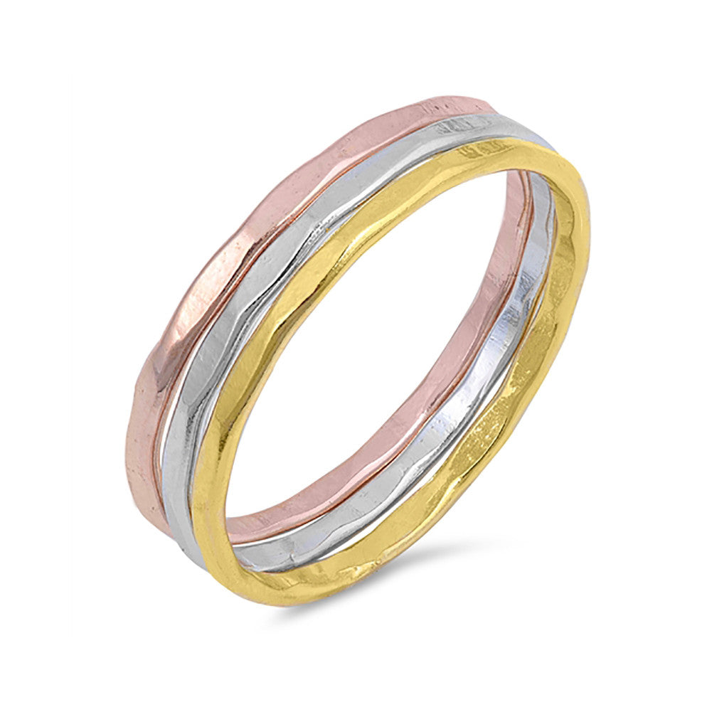 Hammered Finish Design Tricolor Tri-Tone 3 Band Ring 925 Sterling Silver - Blue Apple Jewelry
