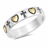 Two Tone Cross and Heart Band Ring 925 Sterling Silver Yellow Tone