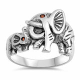 Lucky Elephants Band Ring 925 Sterling Silver Mother and Child Elephant Round Red Eyes