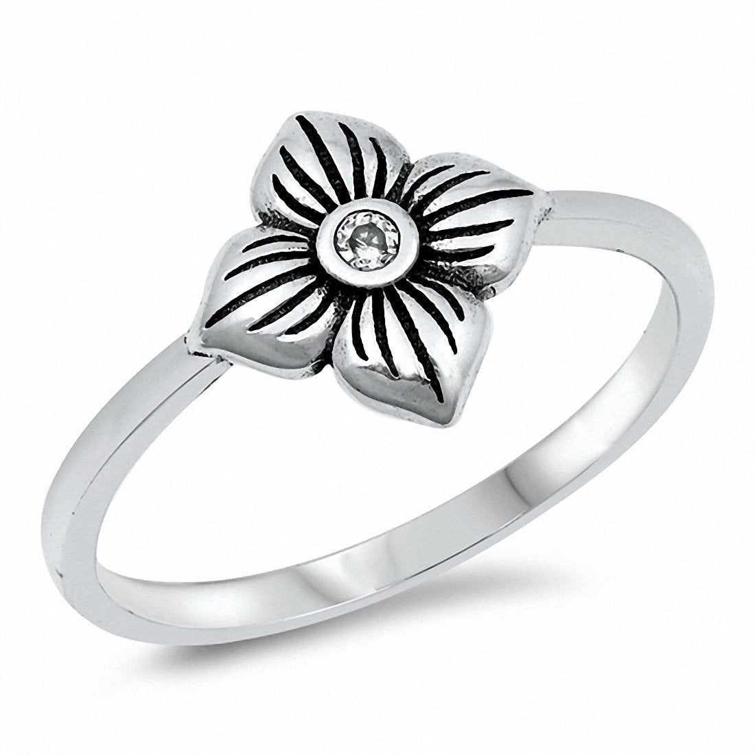 Flower Band Ring Round Cubic Zirconia 925 Sterling Silver Choose Color