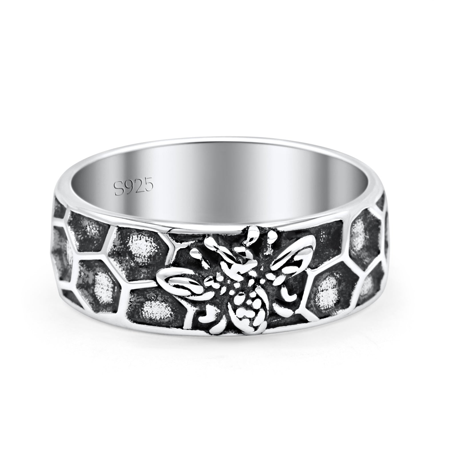 Honey Bee Band Oxidized Solid 925 Sterling Silver 8mm Sterling Silver 6