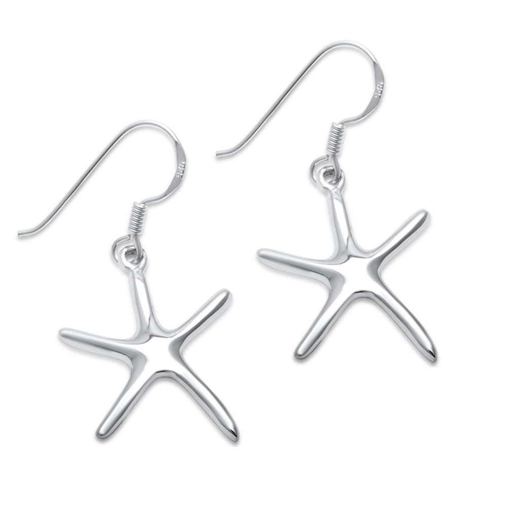 34mm Drop Dangle Starfish Earrings 925 Sterling Silver Fish Hook Nautical Jewelry Plain Dangle Drop - Blue Apple Jewelry