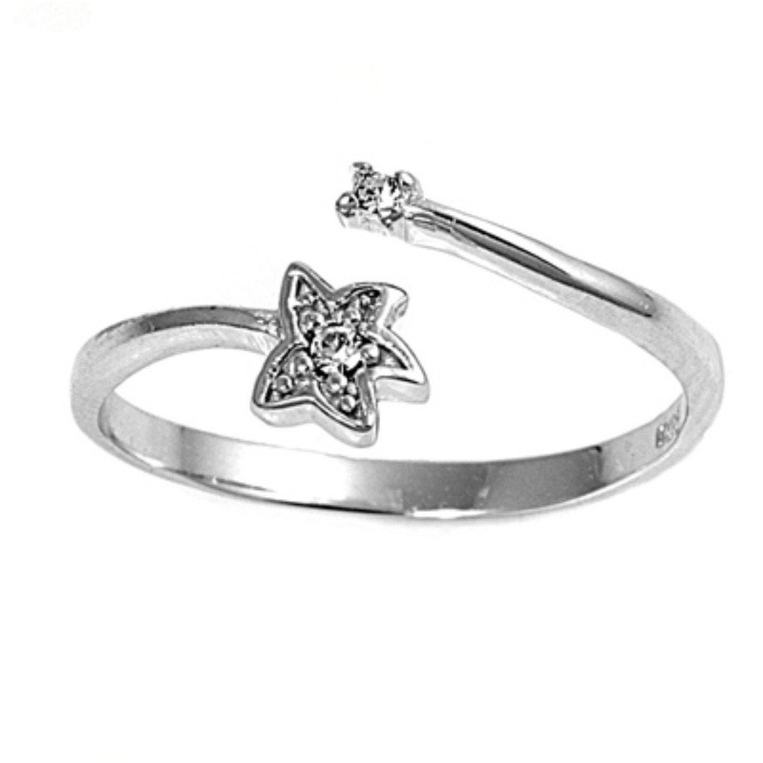 Silver Toe Ring Star Simulated Cubic Zirconia Adjustable Band 925 Sterling Silver (8mm)