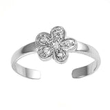 Silver Toe Ring Plumeria Simulated Cubic Zirconia Adjustable 925 Sterling Silver (7mm)