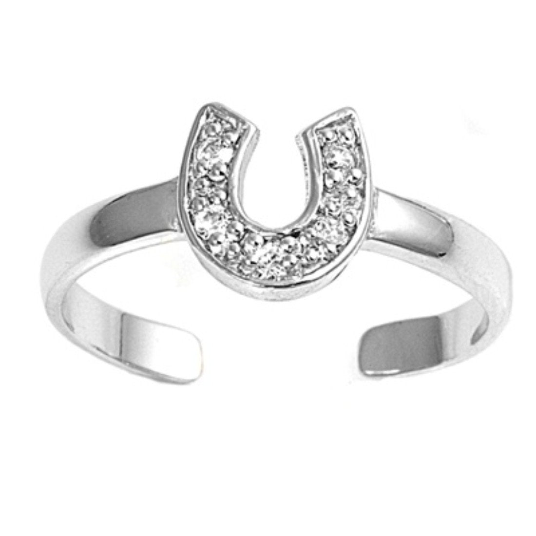 Silver Toe Ring Horse'S Shoe Simulated Cubic Zirconia Adjustable 925 Sterling Silver (7mm)