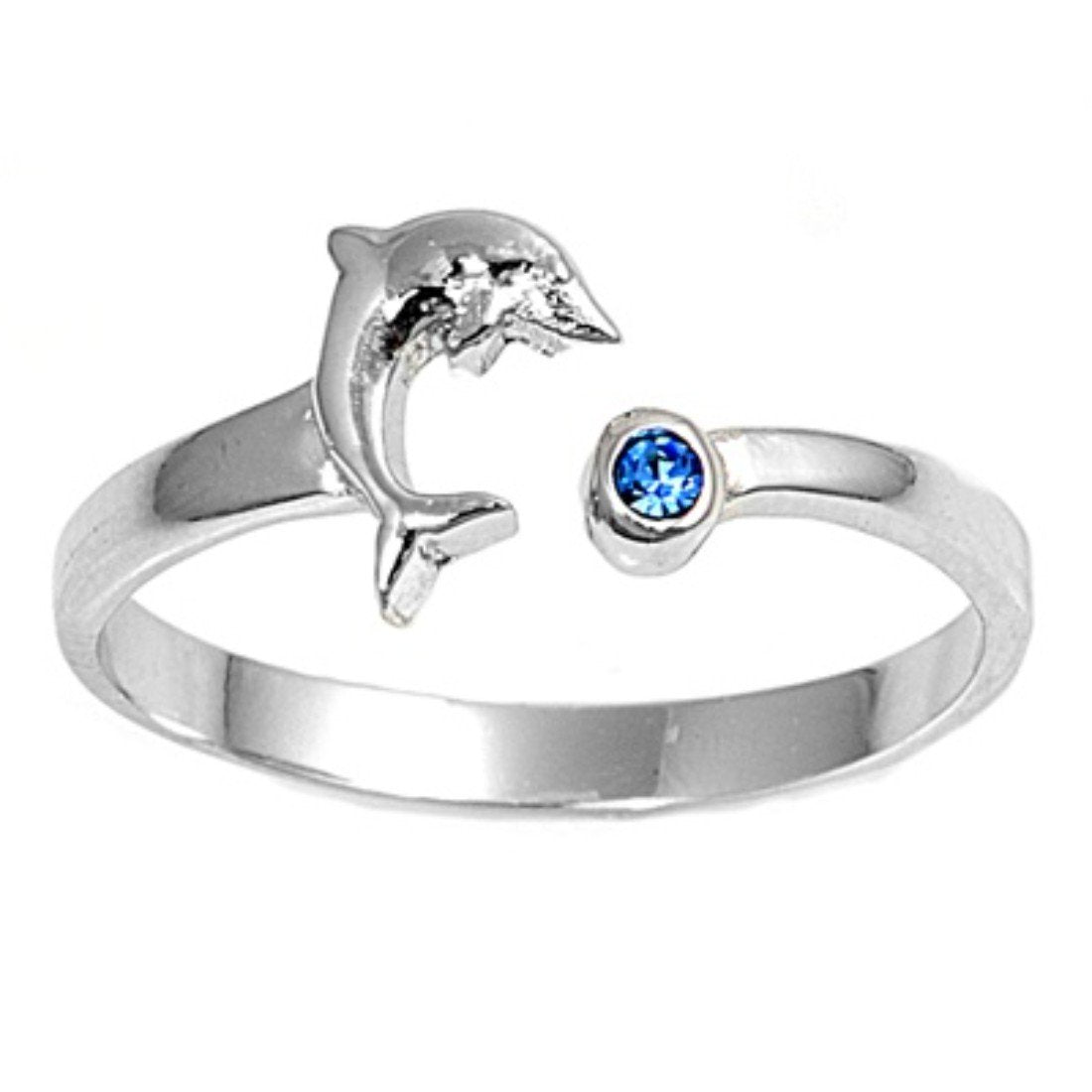 Dolphin Toe Ring Simulated Blue Sapphire CZ Adjustable 925 Sterling Silver (7mm)