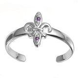 Fleur De Lise Silver Toe Ring Simulated CZ Adjustable 925 Sterling Silver (9mm)