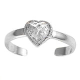 Silver Toe Ring Heart Simulated Cubic Zirconia Adjustable 925 Sterling Silver (6mm)