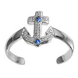 Anchor Toe Ring Simulated Blue Topaz CZ Adjustable 925 Sterling Silver (9mm)