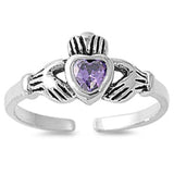 Claddagh Adjustable Silver Toe Ring Band Simulated Cubic Zirconia 925 Sterling Silver (7mm)