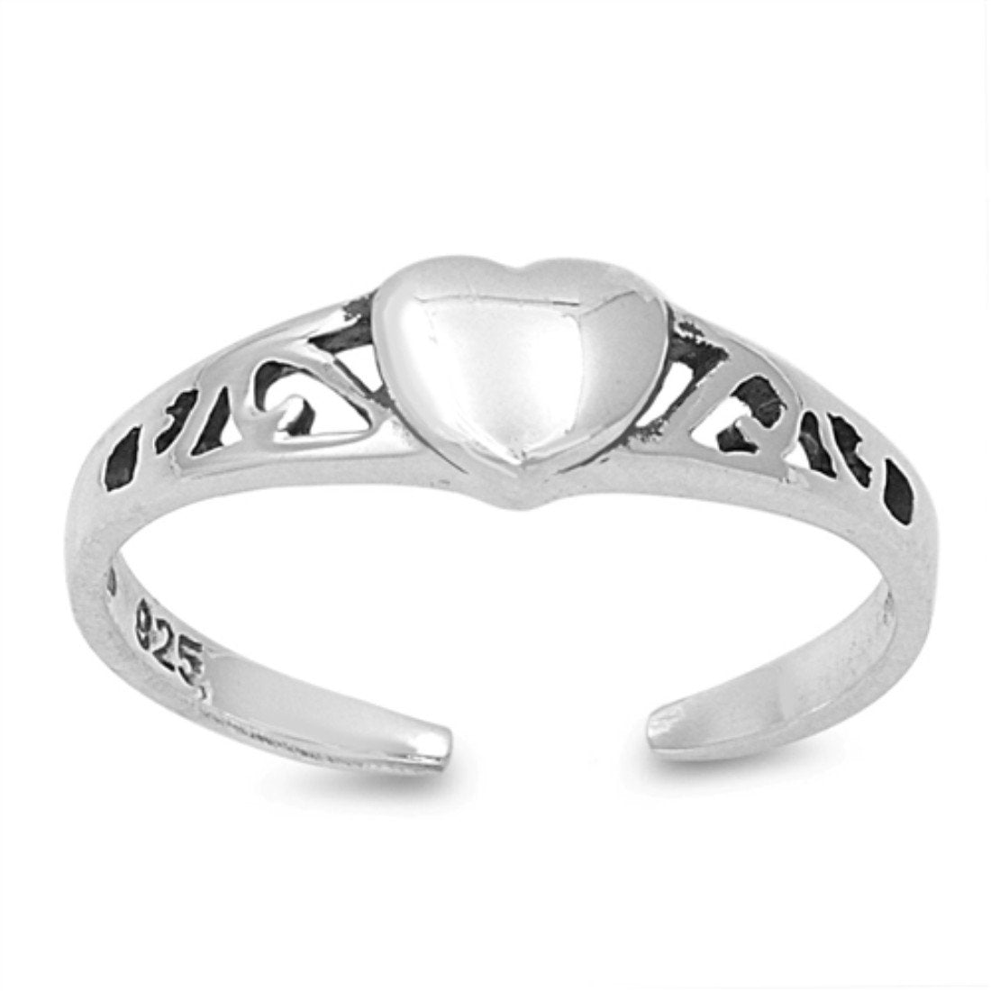 Heart Silver Toe Ring Adjustable Band For Women 925 Sterling Silver (4mm)