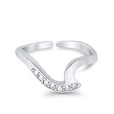 Wave Toe Ring Simulated Cubic Zirconia Adjustable Band 925 Sterling Silver (6mm)