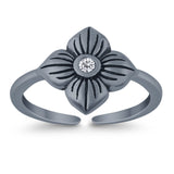 Flower Toe Ring Adjustable Oxidized Band Simulated Cubic Zirconia 925 Sterling Silver (10mm)
