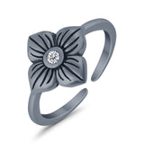 Flower Toe Ring Adjustable Oxidized Band Simulated Cubic Zirconia 925 Sterling Silver (10mm)