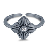 Flower Toe Ring Adjustable Oxidized Band Simulated Cubic Zirconia 925 Sterling Silver (10mm)
