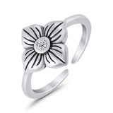 Flower Toe Ring Adjustable Oxidized Band Simulated Cubic Zirconia 925 Sterling Silver (10mm)