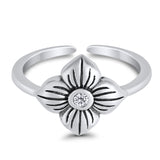 Flower Toe Ring Adjustable Oxidized Band Simulated Cubic Zirconia 925 Sterling Silver (10mm)