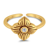Flower Toe Ring Adjustable Oxidized Band Simulated Cubic Zirconia 925 Sterling Silver (10mm)