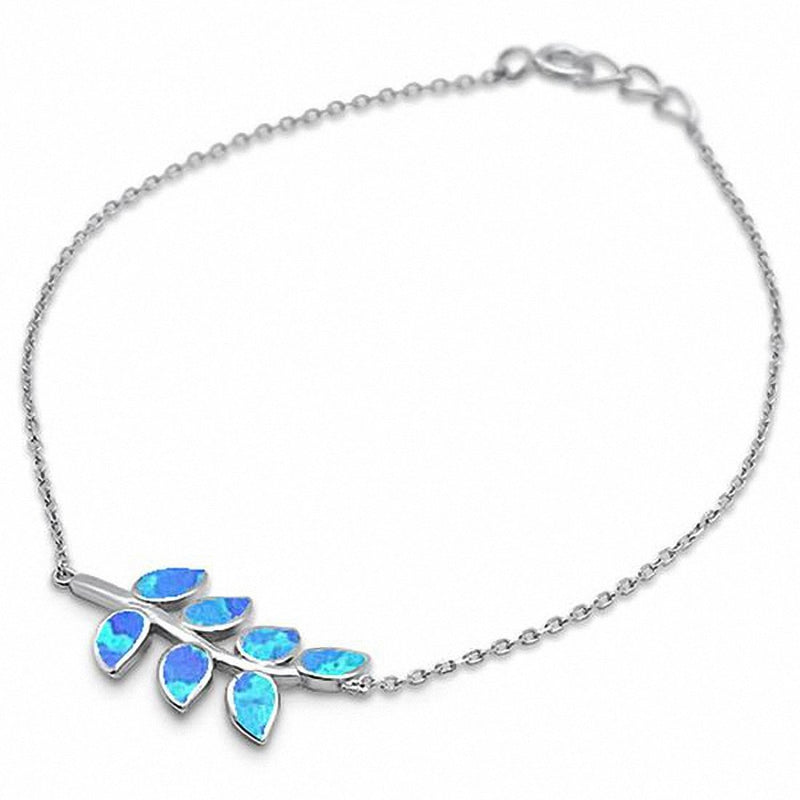 Trendy Leaf Bracelet Lab Created Opal 925 Sterling Silver