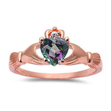 Accent Heart Promise Claddagh Ring Rainbow Cubic Zirconia Round Rose Gold Plated 925 Sterling Silver