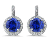 Halo Bridal Wedding Engagement Leverback Earrings Round CZ 925 Sterling Silver Choose Color - Blue Apple Jewelry