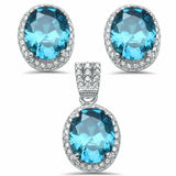 Halo Jewelry Pendant Earring Matching Set Oval Round Simulated CZ .925 Sterling Silver