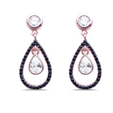 24mm Drop Dangling Earrings Teardrop Pear Round Black Cubic Zirconia Rose Gold Plated 925 Sterling Silver