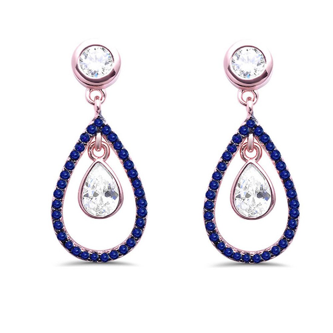 24mm Drop Dangling Earrings Teardrop Pear Round Black CZ Rose Gold Plated Sterling Silver Rose Tone, Simulated Blue Sapphire