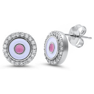 10mm Evil Eye Stud Earring Pink Evil Eye Stud Halo Round Cubic Zirconia 925 Sterling Silver - Blue Apple Jewelry