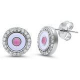 10mm Evil Eye Stud Earring Pink Evil Eye Stud Halo Round Cubic Zirconia 925 Sterling Silver