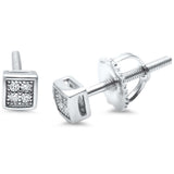 4mm Square Kite Earrings Screwback Men Women Unisex Hip Hop 925 Sterling Silver Round Pave Ice CZ