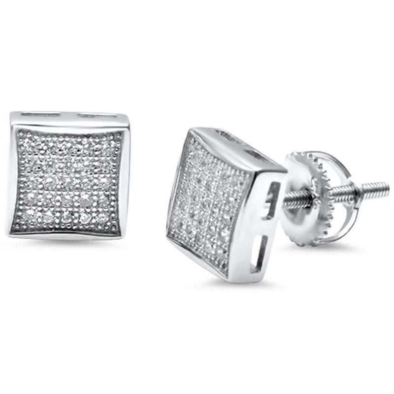 8mm Square Kite Earrings Screwback Men Women Unisex Hip Hop 925 Sterling Silver Round Pave Ice CZ - Blue Apple Jewelry