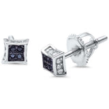 Square Hip Hop 3D Earrings Round Pave Black White CZ 925 Sterling Silver Screwback (4mm)