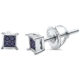 Square Pave Unisex Stud Earrings Round CZ 925 Sterling Silver Screwback (4mm)
