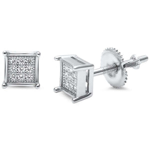 6mm Square Pave Unisex Stud Earrings Round CZ 925 Sterling Silver Screwback Choose Color - Blue Apple Jewelry