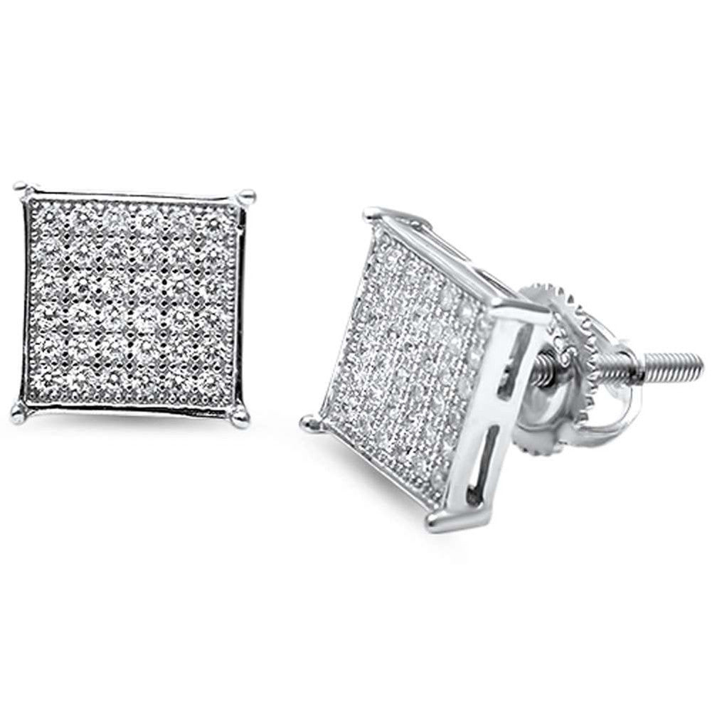8mm Square Pave Unisex Stud Earrings Round CZ 925 Sterling Silver Screwback Choose Color - Blue Apple Jewelry